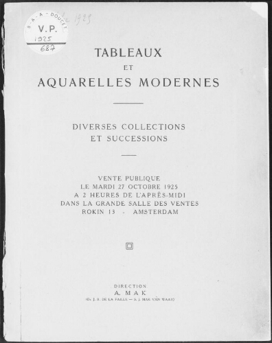 Tableaux et aquarelles modernes, diverses collections et successions : [vente du 27 octobre 1925]