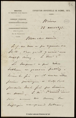 Lettre du Ministère de l'Agriculture et du Commerce [...] à Jean-Louis-Ernest Meissonier, 28 août 1873