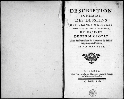 Description sommaire des dessins des grands maîtres d'Italie, des Pays-Bas et de France, du cabinet de feu M. Crozat [...] : [vente du 10 avril 1741 et 13 mai 1741]