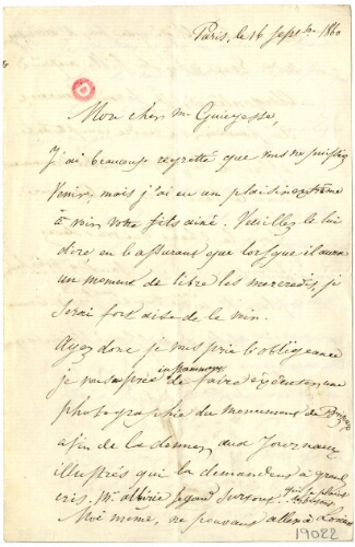 Lettre d'Antoine Etex à M. Guiegesse, 16 septembre 1860