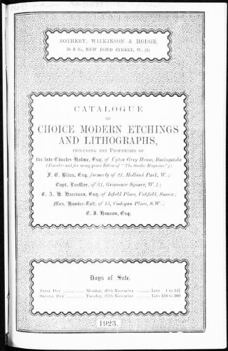 Catalogue of choice modern etchings and lithographs [...] : [vente des 26 et 27 novembre 1923]