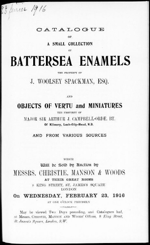 Catalogue of a small collection of Battersea enamels [...] : [vente du 23 février 1916]