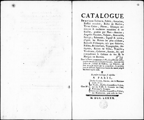 Catalogue de quelques tableaux, pastels, gouaches, dessins encadrées, bustes de marbre [...] : [vente du 23 février 1790]