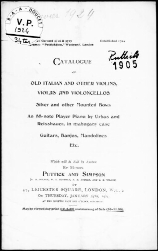 Catalogue of old Italian and other violins, violas and violoncellos [...] : [vente du 24 janvier 1924]