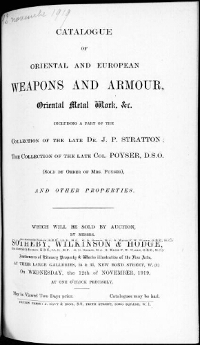 Catalogue of oriental and european weapons and armour, oriental metal work [...] : [vente du 12 novembre 1919]