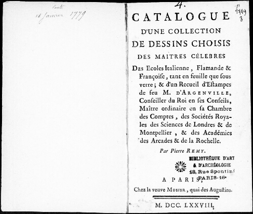 Catalogue d'une collection de dessins choisis des maîtres célèbres des écoles italienne, flamande et française [...] : [vente du 18 janvier 1779]