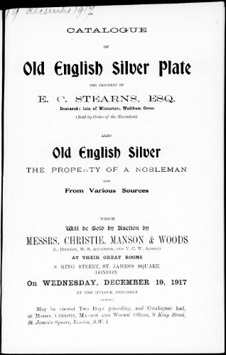 Catalogue of old English silver plate […] : [vente du 19 décembre 1917]