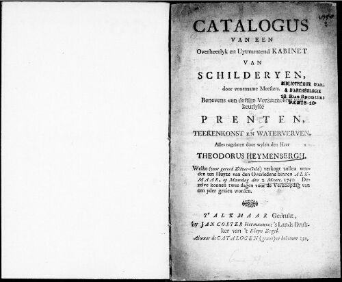 Catalogus van een Overheerlyk en Uytmuntend Kabinet van Schilderyen : [vente du 2 mars 1750]