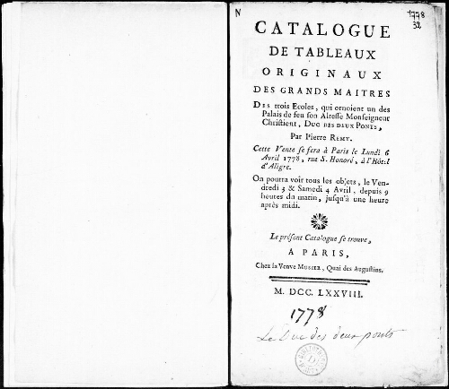 Catalogue de tableaux originaux des grands maîtres des trois écoles [...] : [vente du 6 avril 1778]