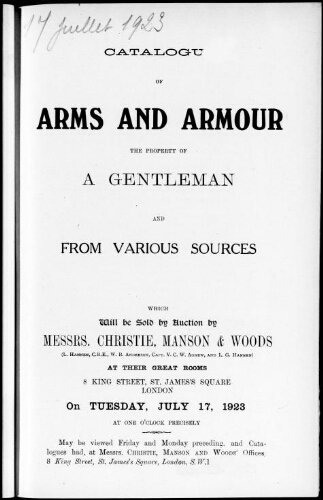 Catalogue of arms and armour, the property of a gentleman and from various : [vente du 17 juillet 1923]