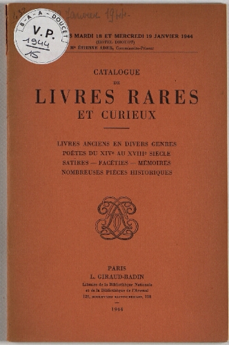 Catalogue de livres rares et curieux : [vente du 18 et 19 janvier 1944]