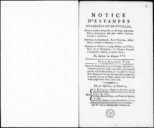 Notice d’estampes encadrées et en feuilles [...] : [vente des 23 et 24 février 1798]