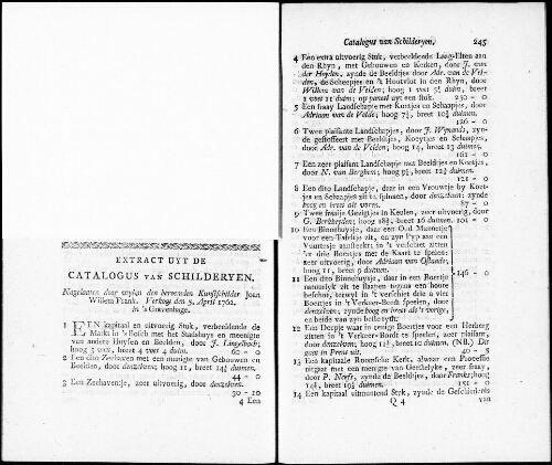 Extract uyt de Catalogus van Schilderyen nagelaaten door wylen den beroemden Kunstschilder Joan Willem Frank [...] : [vente du 5 avril 1762]