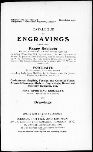 Catalogue of engravings comprising fancy subjects of the early English and French schools […] : [vente du 29 octobre 1915]