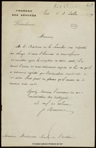 Lettre du Comité du Cabinet du président de la Chambre des députés à Jean-Louis-Ernest Meissonier, 3 juillet 1879