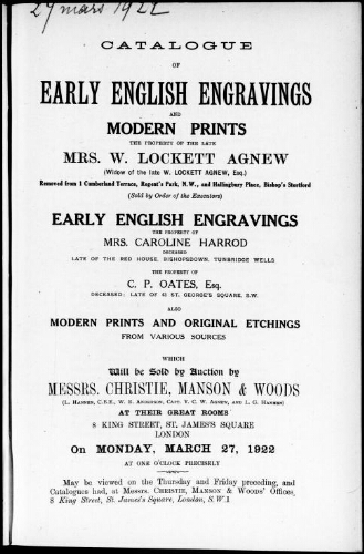 Catalogue of early English engravings and modern prints, the property of the late Mrs. W. Lockett Agnew [...] : [vente du 27 mars 1922]