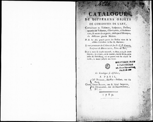 Catalogue de différents objets de curiosités de l’art, consistant en tableaux, sculptures, dessins [...] : [vente du 11 mars 1789]
