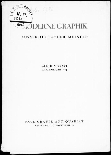 Moderne Graphik ausserdeutscher Meister [...] : [vente des 6 et 7 octobre 1924]