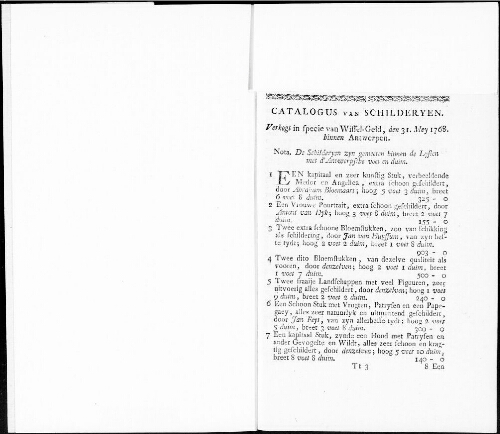 Catalogus van Schilderyen, verkogt in specie van Wissel-Geld [...] : [vente du 31 mai 1768]