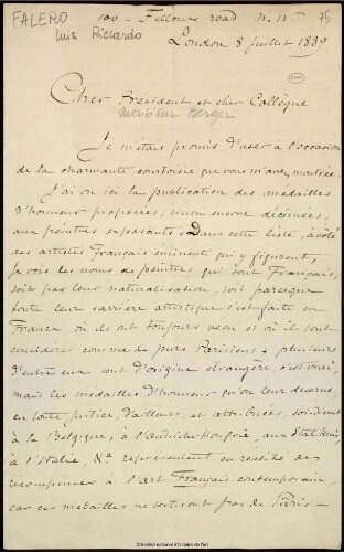 Lettre de Luis Riccardo Falero à Berger, 8 juillet 1889