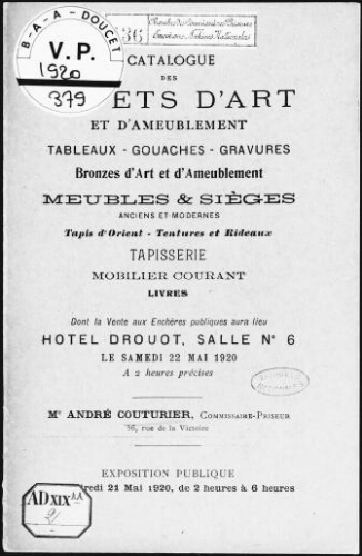 Catalogue des objets d'art et d'ameublement, tableaux, gouaches, gravures [...] : [vente du 22 mai 1920]