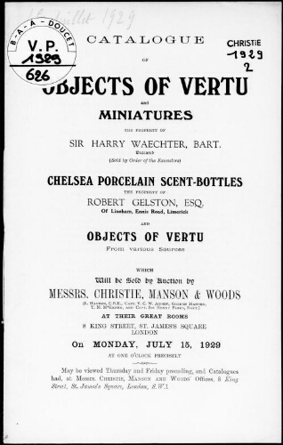 Catalogue of objects of vertu and miniatures, the property of Sir Harry Waechter [...] : [vente du 15 juillet 1929]