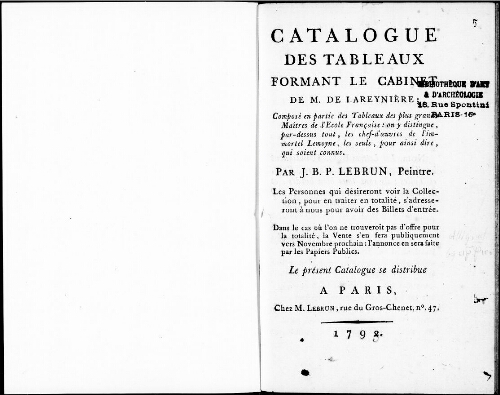 Catalogue des tableaux formant le cabinet de M. de Lareynière [...] : [vente du 4 avril 1793]
