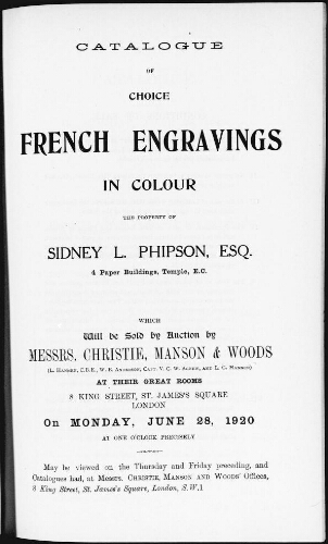 Catalogue of choice engravings in colour the property of Sidney L. Phipson, esquire [...] : [vente du 28 juin 1920]