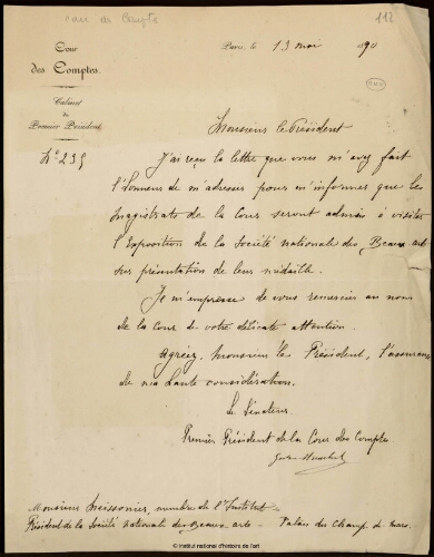 Lettre du premier président de la Cour des Comptes à Jean-Louis-Ernest Meissonier, 13 mai 1890