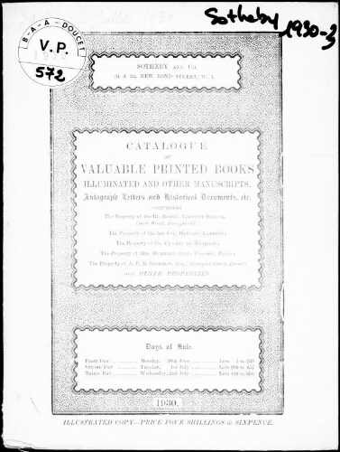 Valuables printed books, illuminated and other manuscripts, autograph letters and historical documents […] : [vente du 30 juin au 2 juillet 1930]