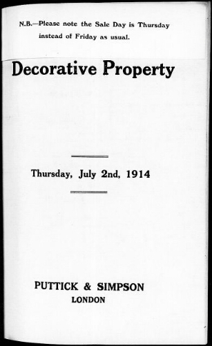 Catalogue of decorative property including old English porcelain and pottery […] : [vente du 2 juillet 1914]