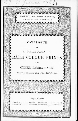 Catalogue of a collection of rare colour prints and other engravings, formed in the early part of the XIXth century : [vente des 29 et 30 janvier 1924]