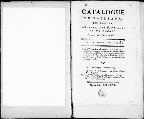 Catalogue de tableaux des écoles d'Italie, des Pays-Bas, et de France [...] : [vente du 15 mai 1786]
