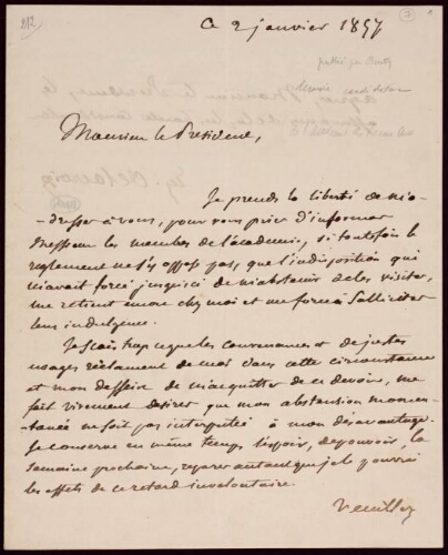 Lettre au Président [de l'Académie des Beaux-Arts], du 2 janvier 1857