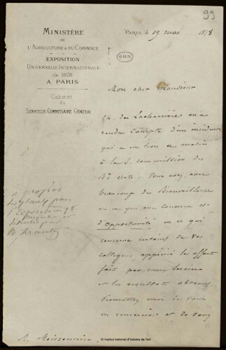 Lettre du Ministère de l'Agriculture et du Commerce [...] à Jean-Louis-Ernest Meissonier, 19 mai 1878