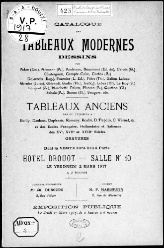Catalogue des tableaux modernes, dessins […] : [vente du 2 mars 1917]