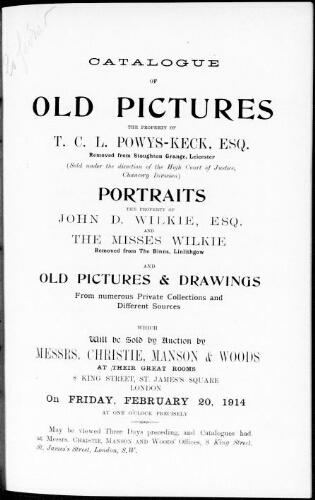 Catalogue of old pictures [...] : [vente du 20 février 1914]