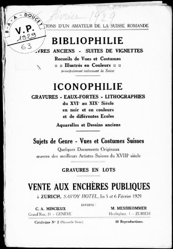 Collections d'un amateur de la Suisse romande, bibliophilie, livres anciens, suites de vignettes [...] : [vente des 5 et 6 février 1929]