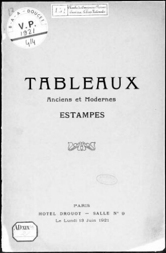 Tableaux anciens et modernes, estampes : [vente du 13 juin 1921]