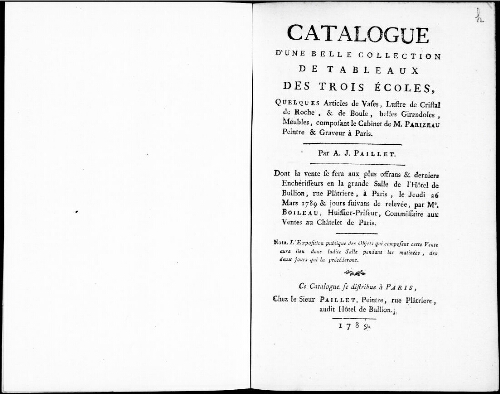 Catalogue d’une belle collection de tableaux des trois écoles, quelques articles de vases [...] : [vente du 26 mars 1789]