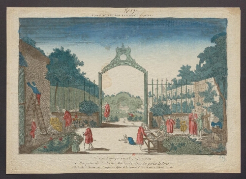 36ème vue d'optique nouvelle, représentant la perspective du jardin des marchands, à l'une des portes de Paris