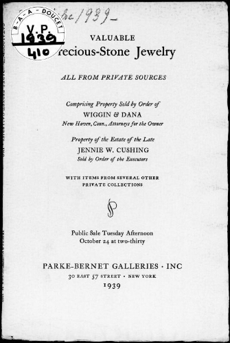 Valuable modern jewelry, diamonds, emerals, and other precious stones in platinuum mountings […] : [vente du 24 octobre 1939]