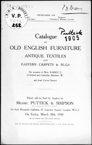 Catalogue of old English furniture, antique textiles and eastern carpets & rugs, the property of Mrs. Barrett [...] : [vente du 28 mars 1930]