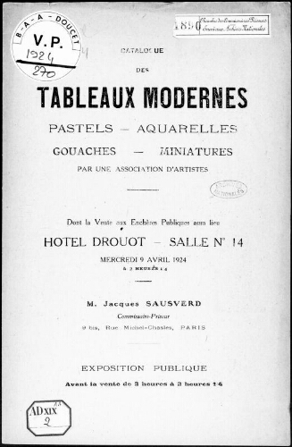 Catalogue des tableaux modernes, pastels, aquarelles, gouaches, miniatures, par une association d'artistes [...] : [vente du 9 avril 1924]