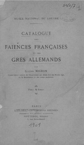 Catalogue des faïences françaises et des grès allemand