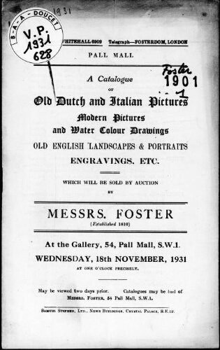 Catalogue of old Dutch and Italian pictures, modern pictures and water colour drawings [...] : [vente du 18 novembre 1931]