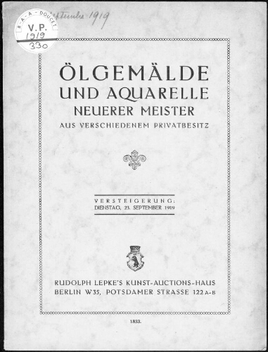 Ölgemälde und Aquarelle neuerer Meister […] : [vente du 23 septembre 1919]