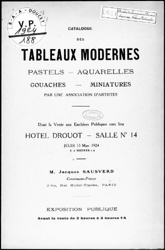 Catalogue des tableaux modernes, pastels, aquarelles, gouaches, miniatures, par une association d'artistes [...] : [vente du 13 mars 1924]