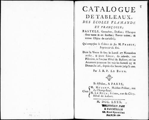 Catalogue de tableaux, des écoles flamande et française [...] : [vente du 27 novembre 1780]