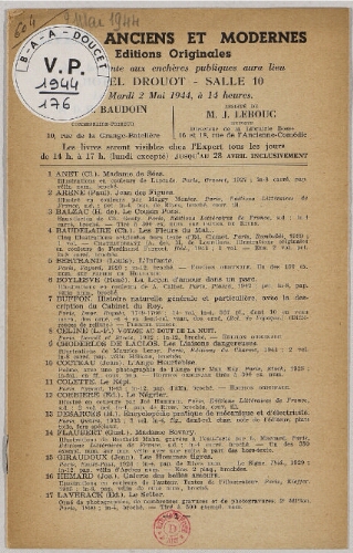 Livres anciens et modernes, éditions originales : [vente du 2 mai 1944]